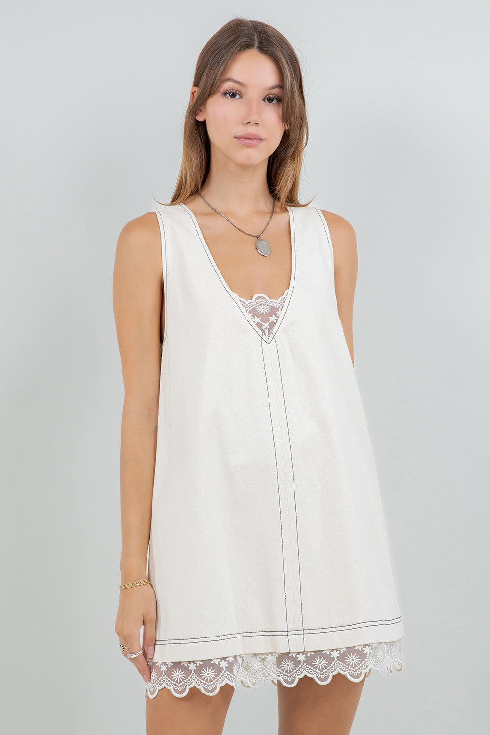 Denim Washed Contrast Lace Insert Shift Dress