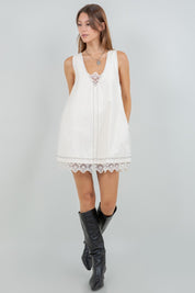 Denim Washed Contrast Lace Insert Shift Dress