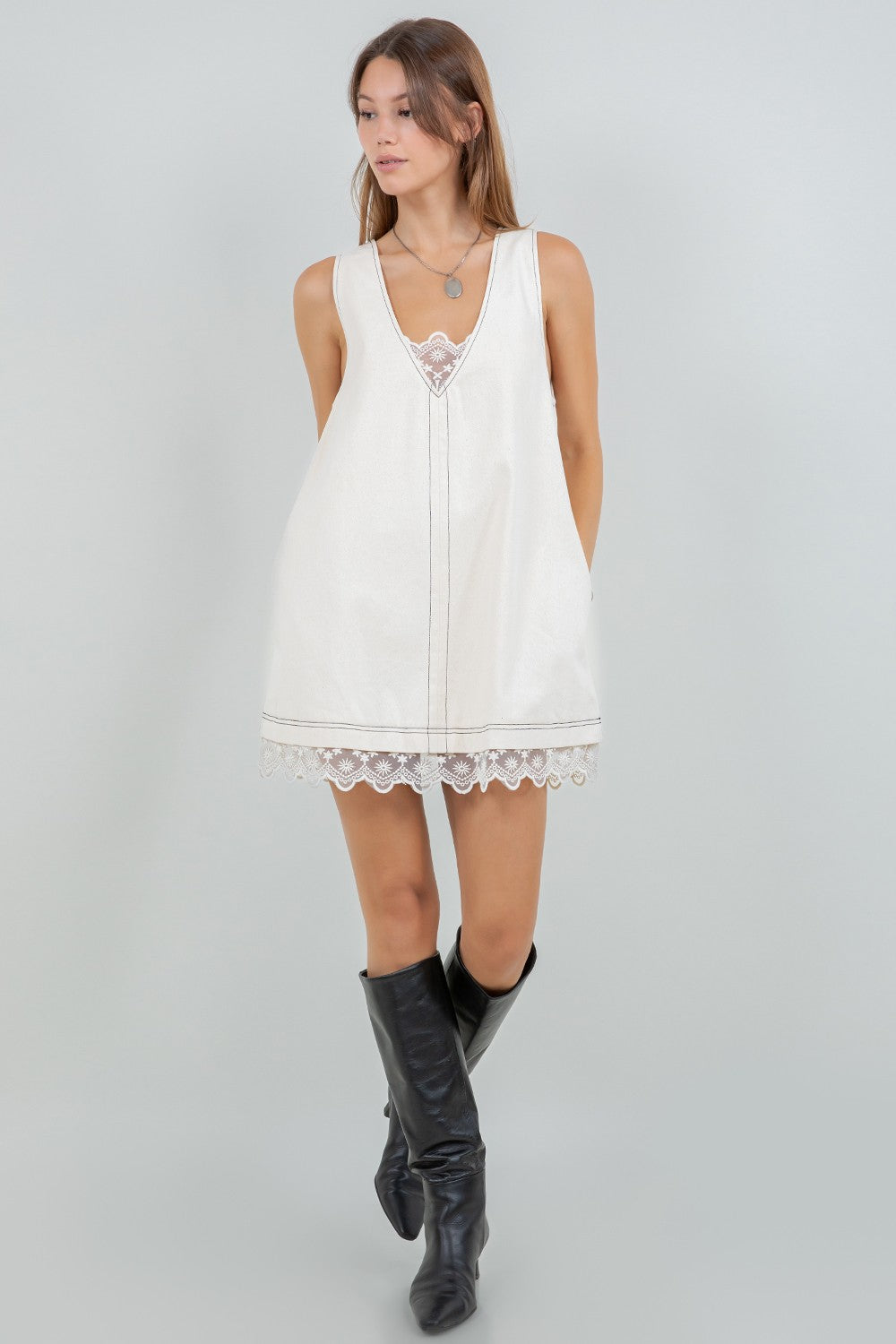 Denim Washed Contrast Lace Insert Shift Dress