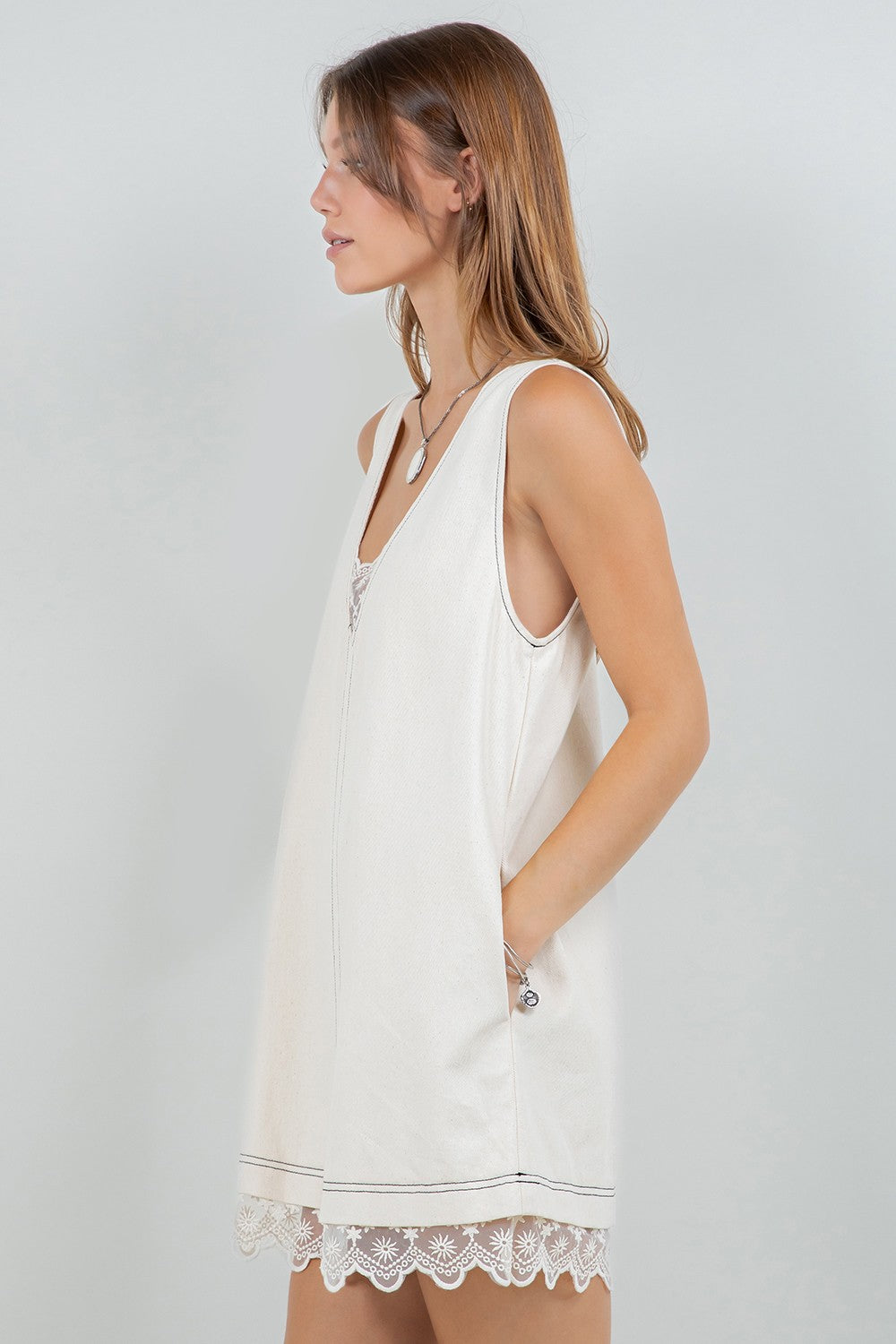 Denim Washed Contrast Lace Insert Shift Dress