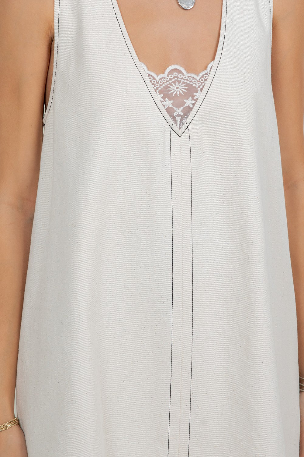 Denim Washed Contrast Lace Insert Shift Dress