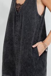 Black Denim Washed Contrast Lace Insert Shift Dress