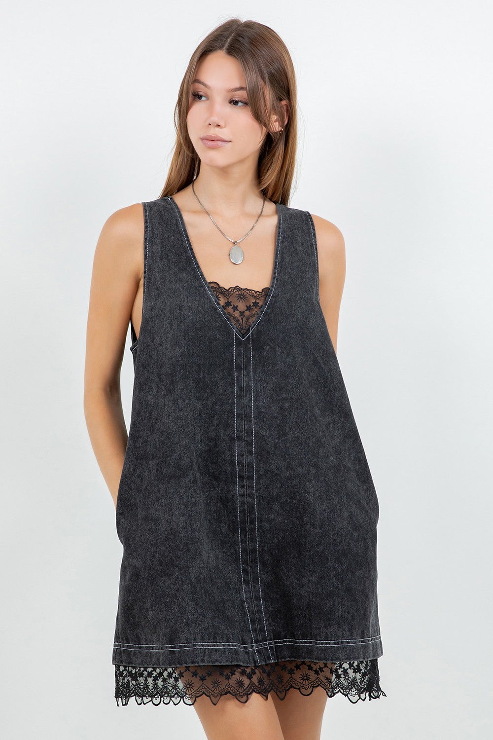 Black Denim Washed Contrast Lace Insert Shift Dress