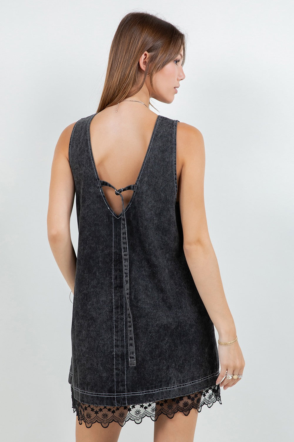 Black Denim Washed Contrast Lace Insert Shift Dress