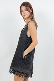 Black Denim Washed Contrast Lace Insert Shift Dress