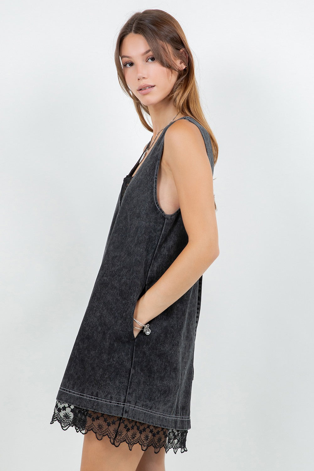 Black Denim Washed Contrast Lace Insert Shift Dress