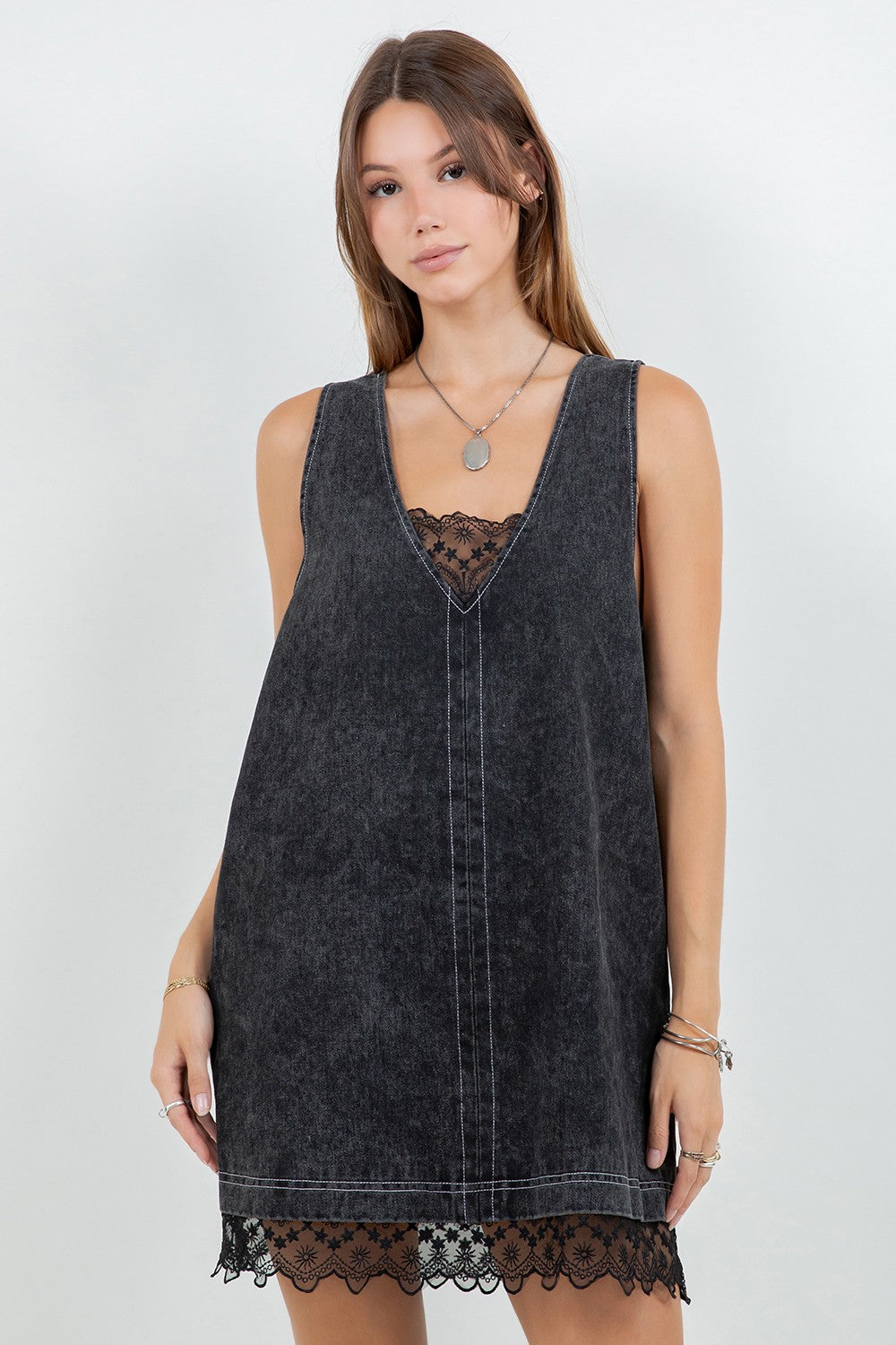 Black Denim Washed Contrast Lace Insert Shift Dress