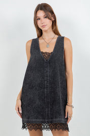 Black Denim Washed Contrast Lace Insert Shift Dress