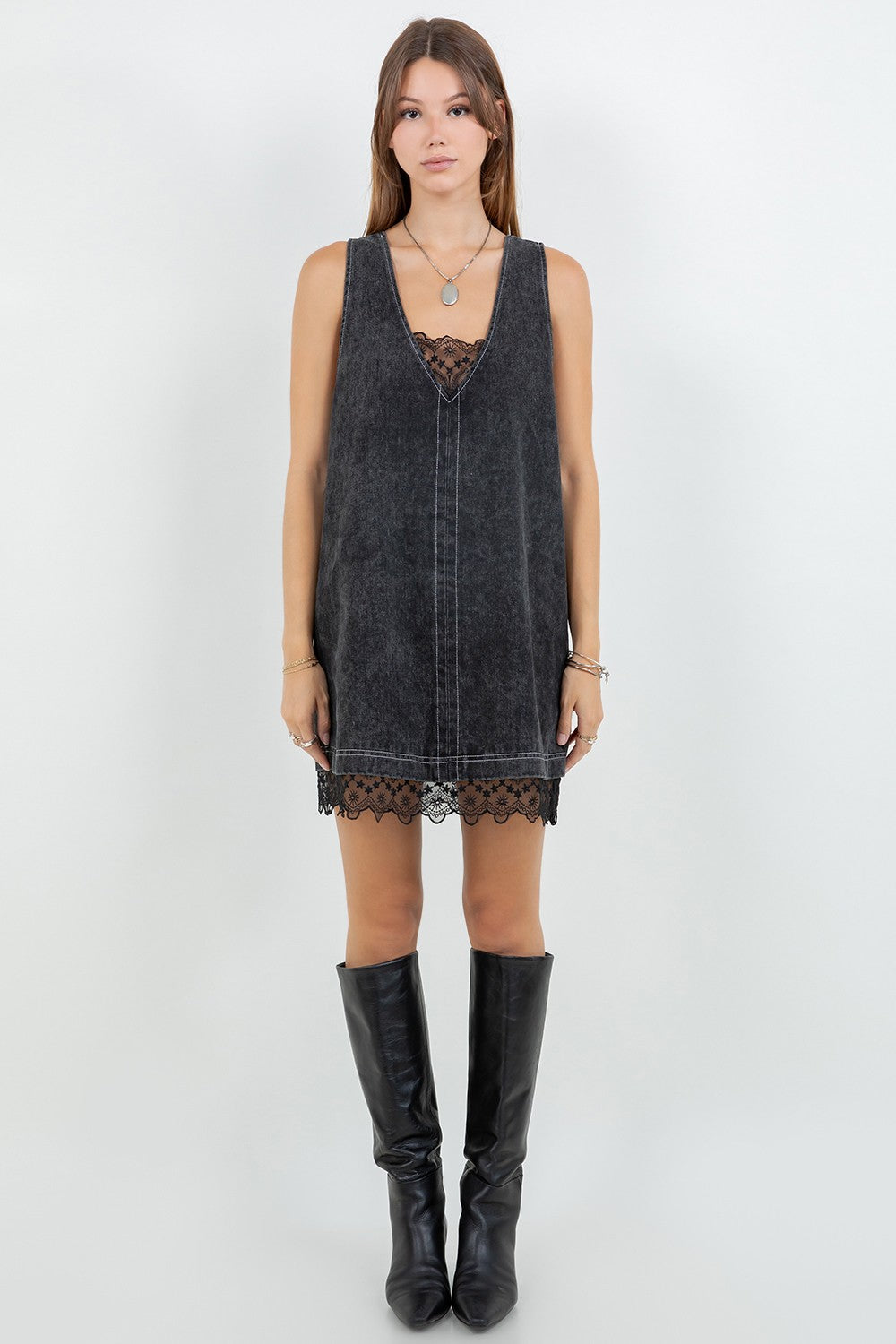 Black Denim Washed Contrast Lace Insert Shift Dress