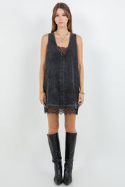 Black Denim Washed Contrast Lace Insert Shift Dress