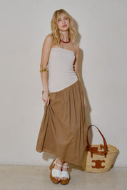 Beige Mocha Knit Contrast Asymmetrical Draped Tube Dress