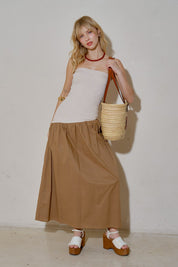 Beige Mocha Knit Contrast Asymmetrical Draped Tube Dress