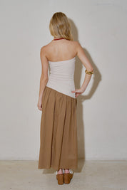 Beige Mocha Knit Contrast Asymmetrical Draped Tube Dress
