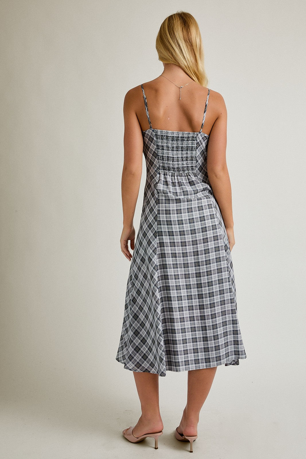 Strap Sweetheart Neckline Check Midi Dress