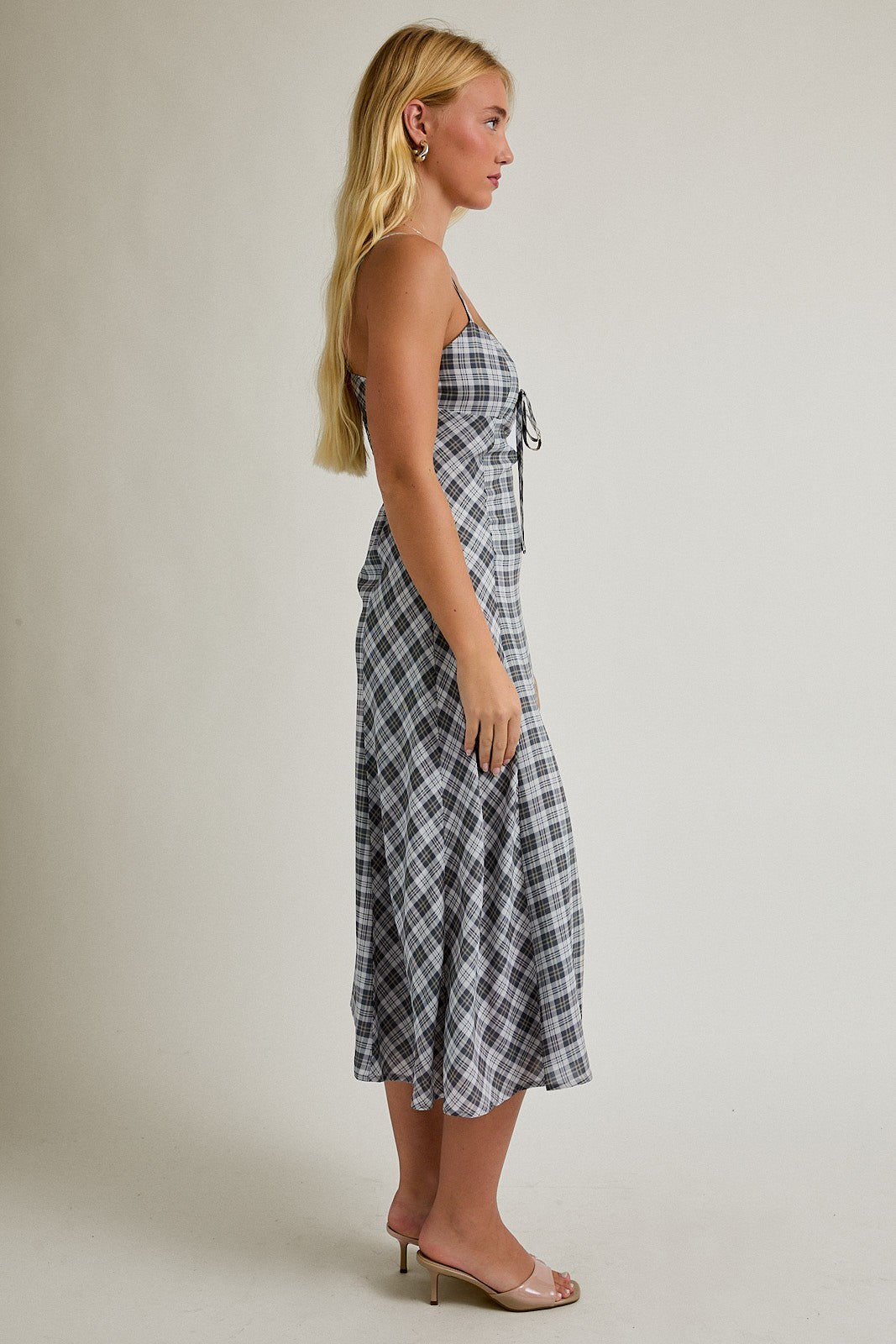 Strap Sweetheart Neckline Check Midi Dress