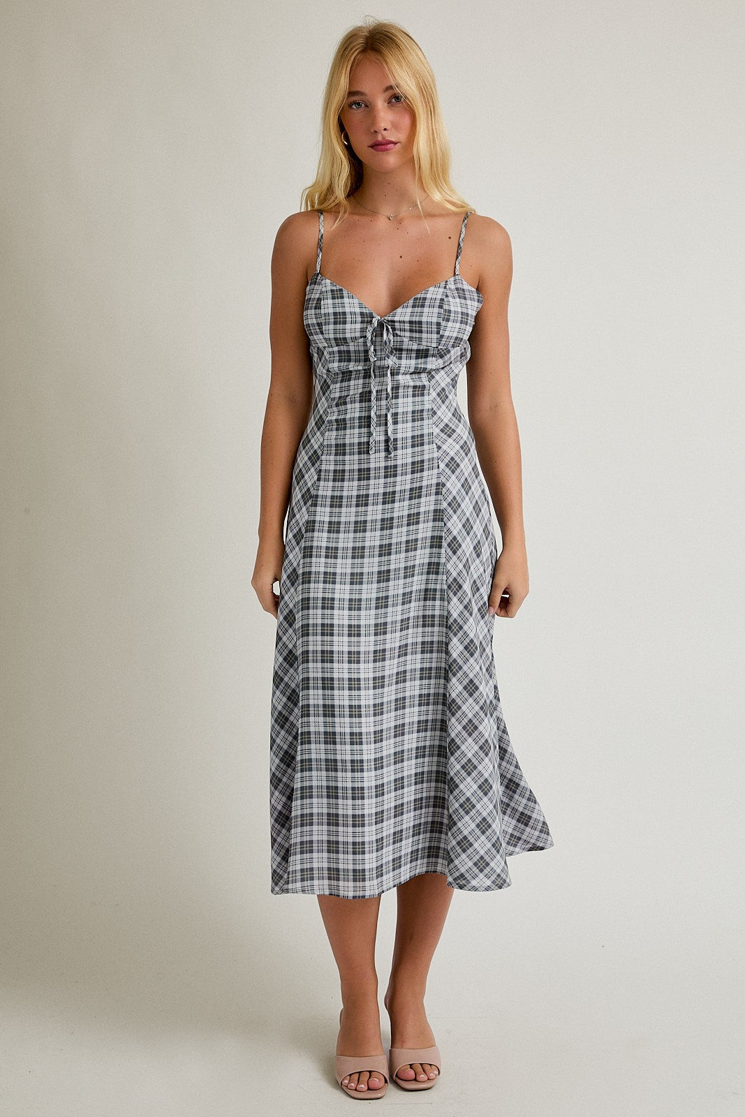 Strap Sweetheart Neckline Check Midi Dress