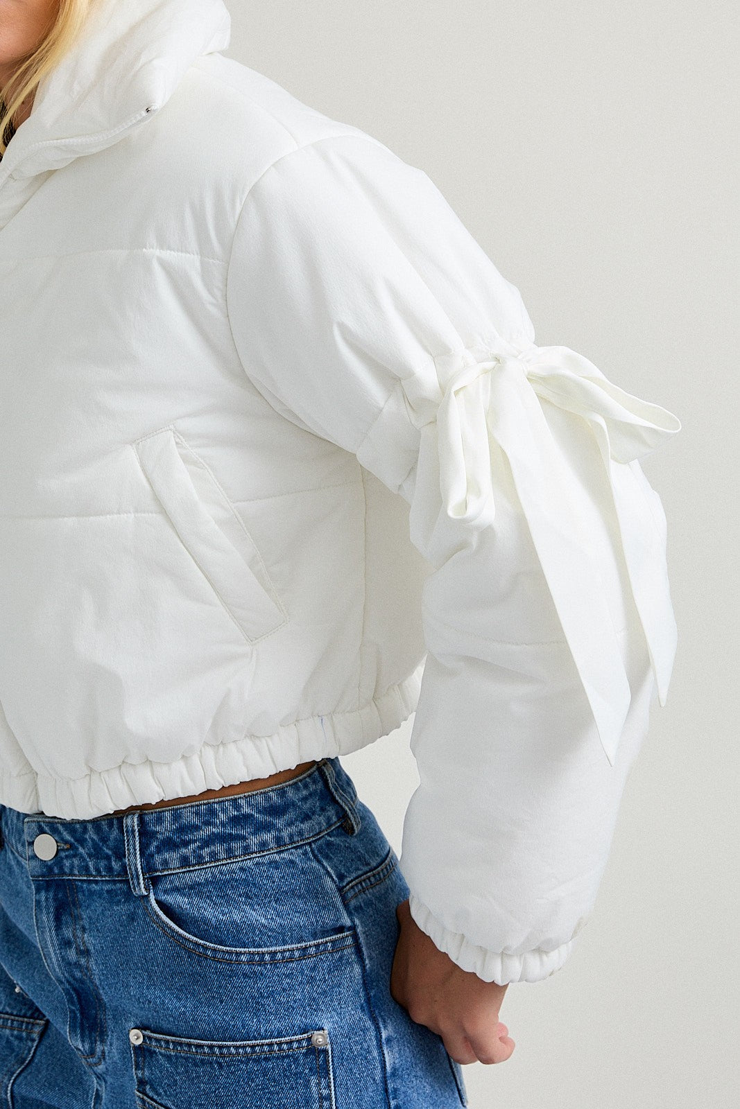 Puffer Jacket With Satin Ribbon On The Sleeve