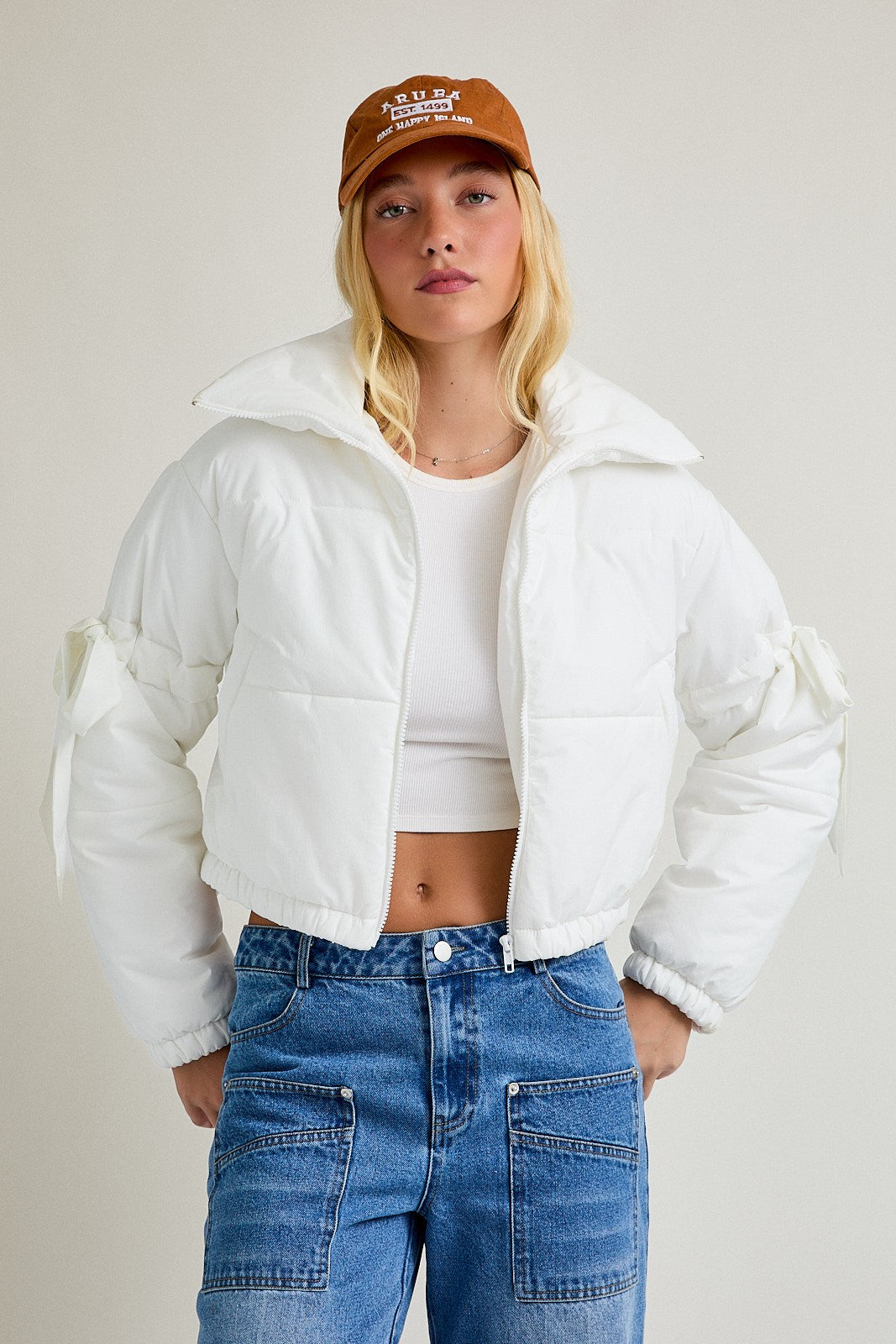 Puffer Jacket With Satin Ribbon On The Sleeve