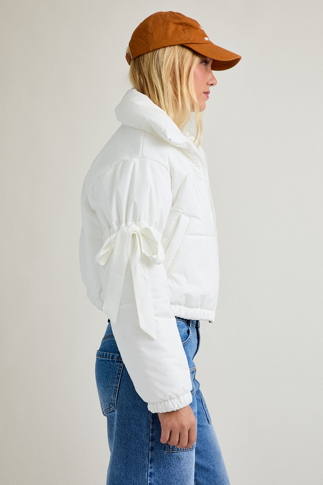 Puffer Jacket With Satin Ribbon On The Sleeve