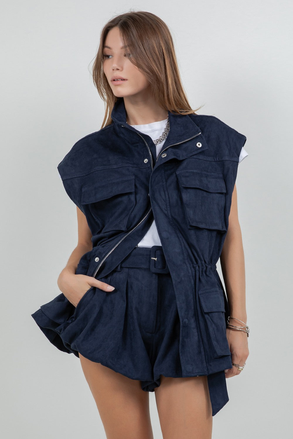 Utilitarian Suede Jacket Vest With Waist Adjusters