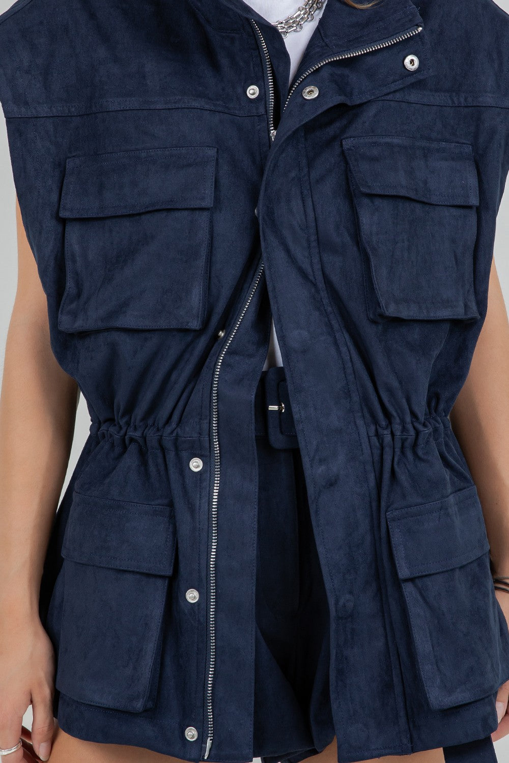Utilitarian Suede Jacket Vest With Waist Adjusters