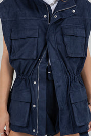 Utilitarian Suede Jacket Vest With Waist Adjusters