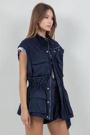 Utilitarian Suede Jacket Vest With Waist Adjusters