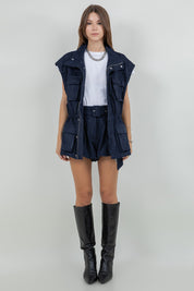 Utilitarian Suede Jacket Vest With Waist Adjusters