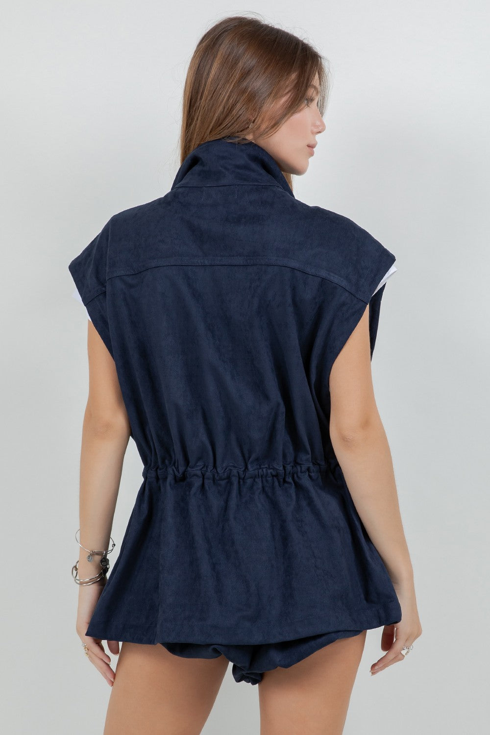 Utilitarian Suede Jacket Vest With Waist Adjusters