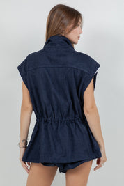 Utilitarian Suede Jacket Vest With Waist Adjusters