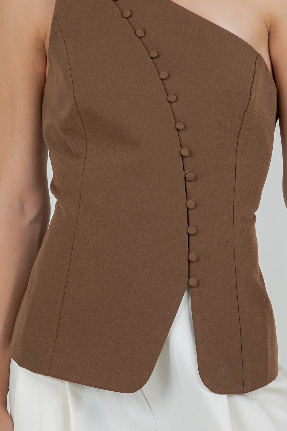 Structured Woven Asymmetrical Top W Button Accent