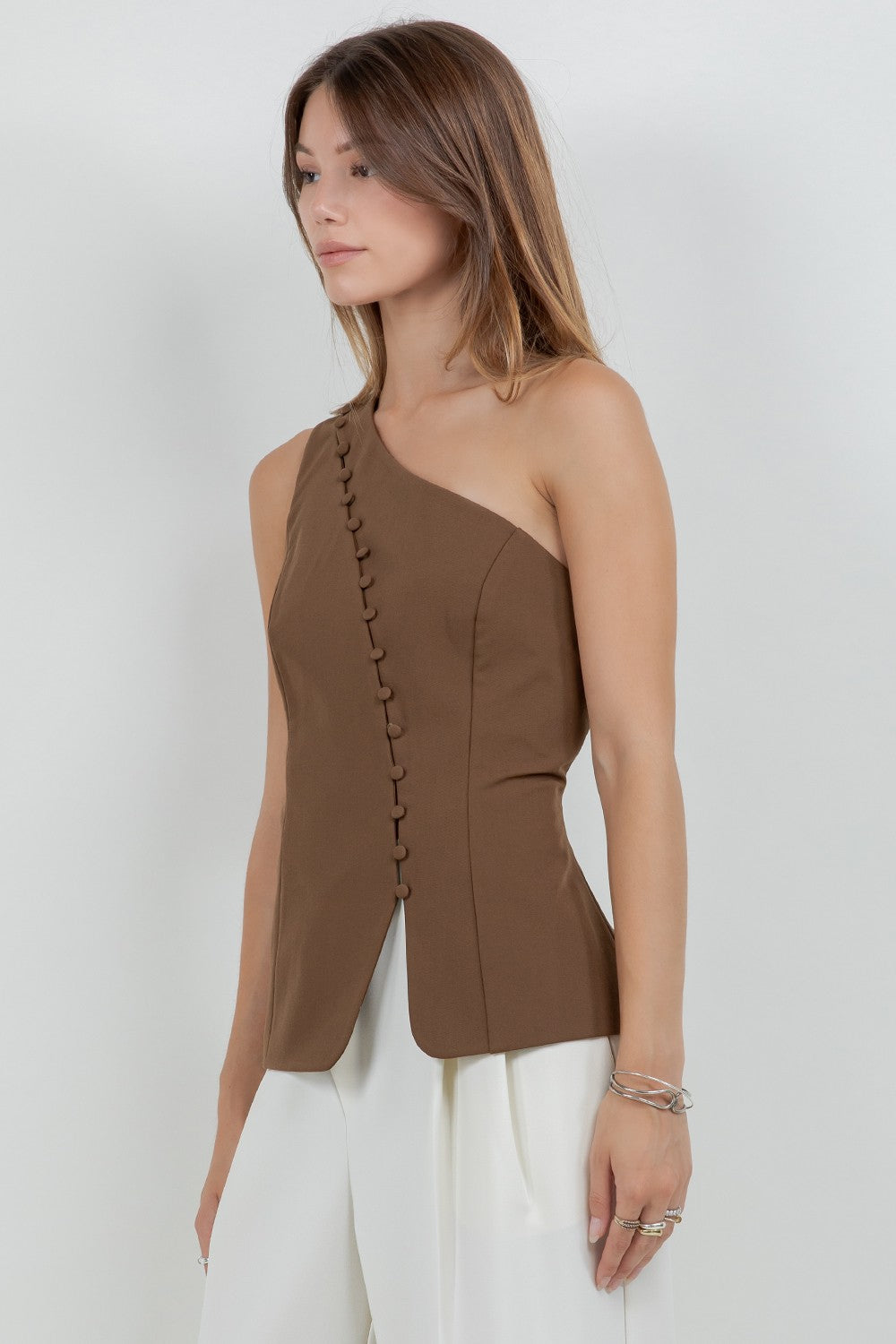 Structured Woven Asymmetrical Top W Button Accent