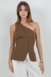 Structured Woven Asymmetrical Top W Button Accent