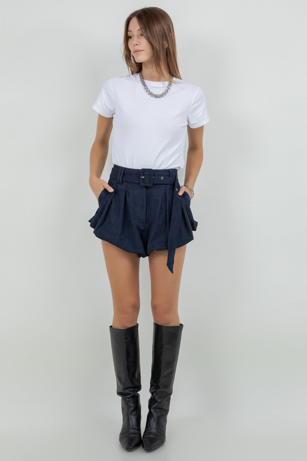 Suede Bubble Shorts With Self Belt