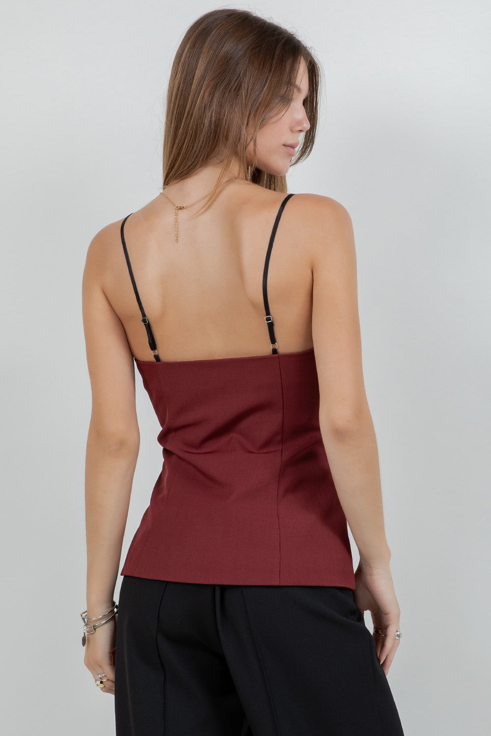 Burgundy Contrast Soft Woven Combo Button Down Vest Top