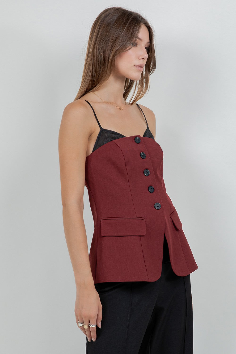 Burgundy Contrast Soft Woven Combo Button Down Vest Top