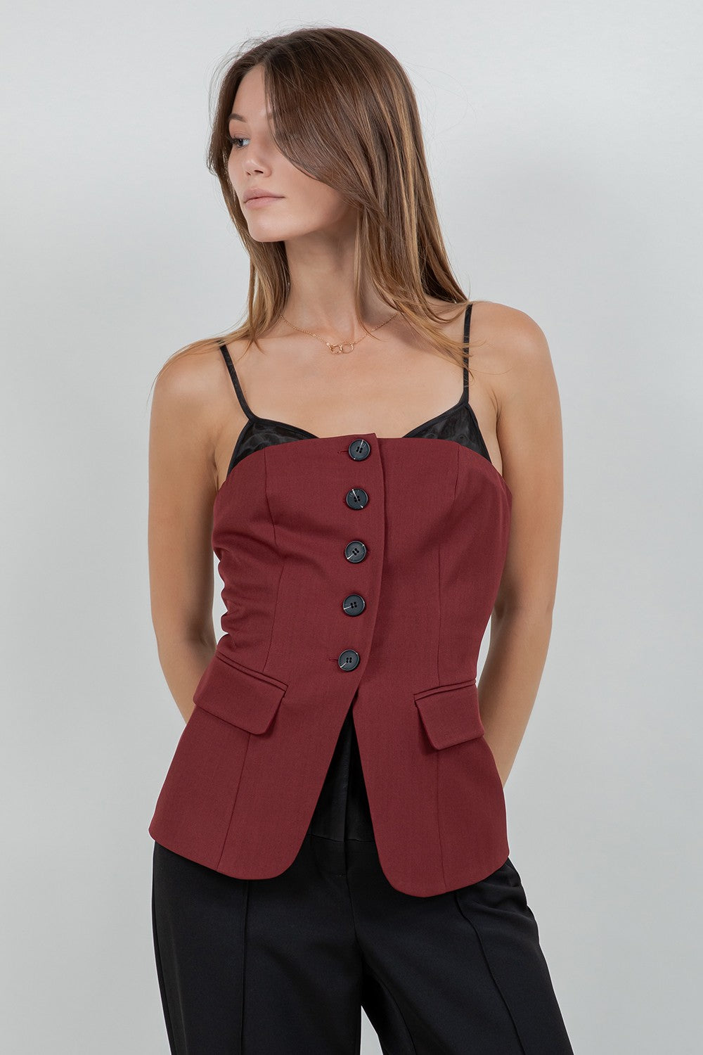 Burgundy Contrast Soft Woven Combo Button Down Vest Top