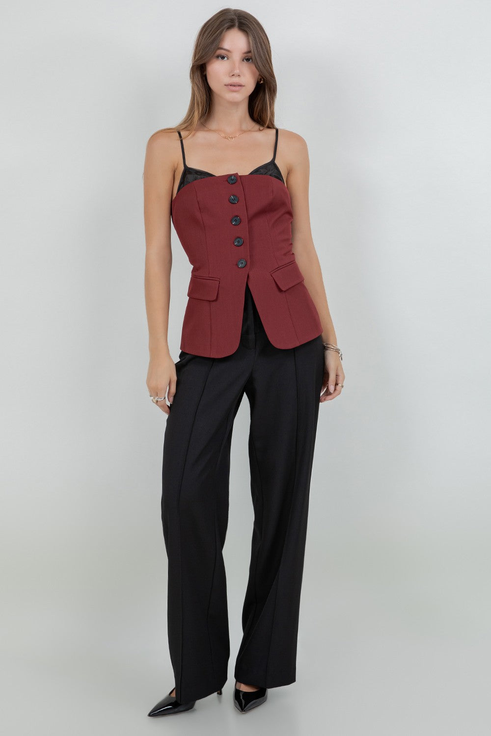 Burgundy Contrast Soft Woven Combo Button Down Vest Top