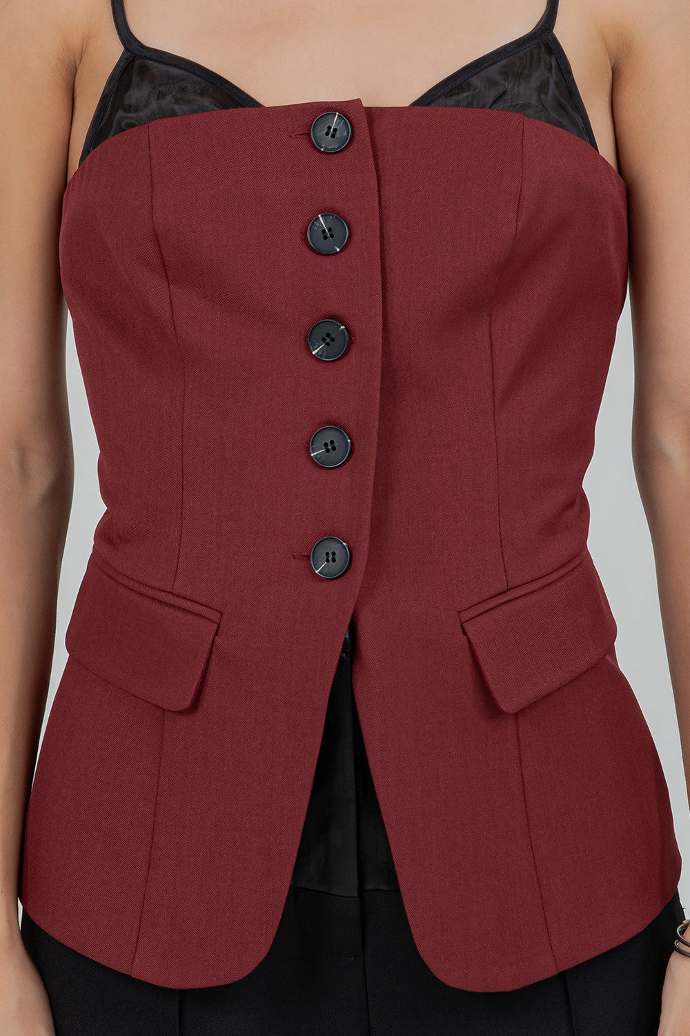Burgundy Contrast Soft Woven Combo Button Down Vest Top