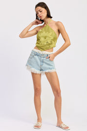 High Rise Denim Shorts With Lace Trim