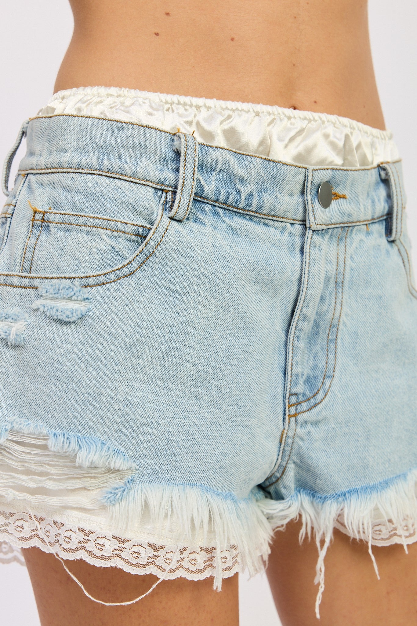 High Rise Denim Shorts With Lace Trim