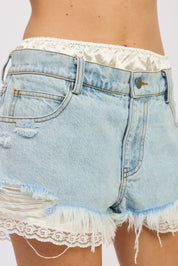 High Rise Denim Shorts With Lace Trim