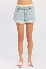 High Rise Denim Shorts With Lace Trim