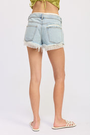 High Rise Denim Shorts With Lace Trim
