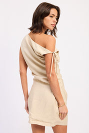 Oat Asymmetrical Mini Side Tie Dress