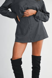 Pin Stripe Collar Button Up Shirt And Skirt Set