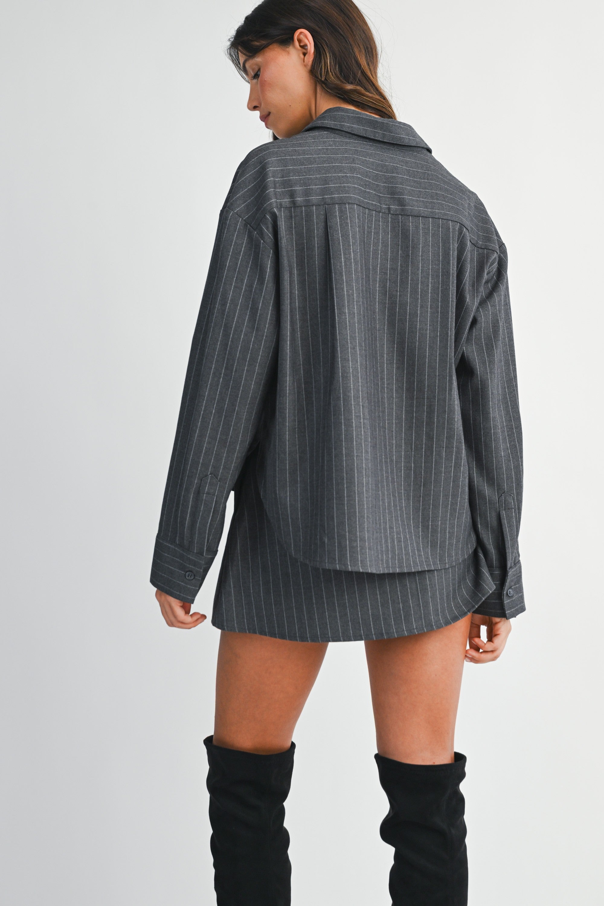 Pin Stripe Collar Button Up Shirt And Skirt Set