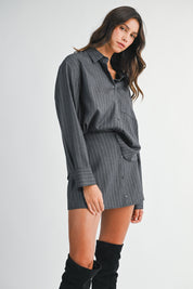 Pin Stripe Collar Button Up Shirt And Skirt Set