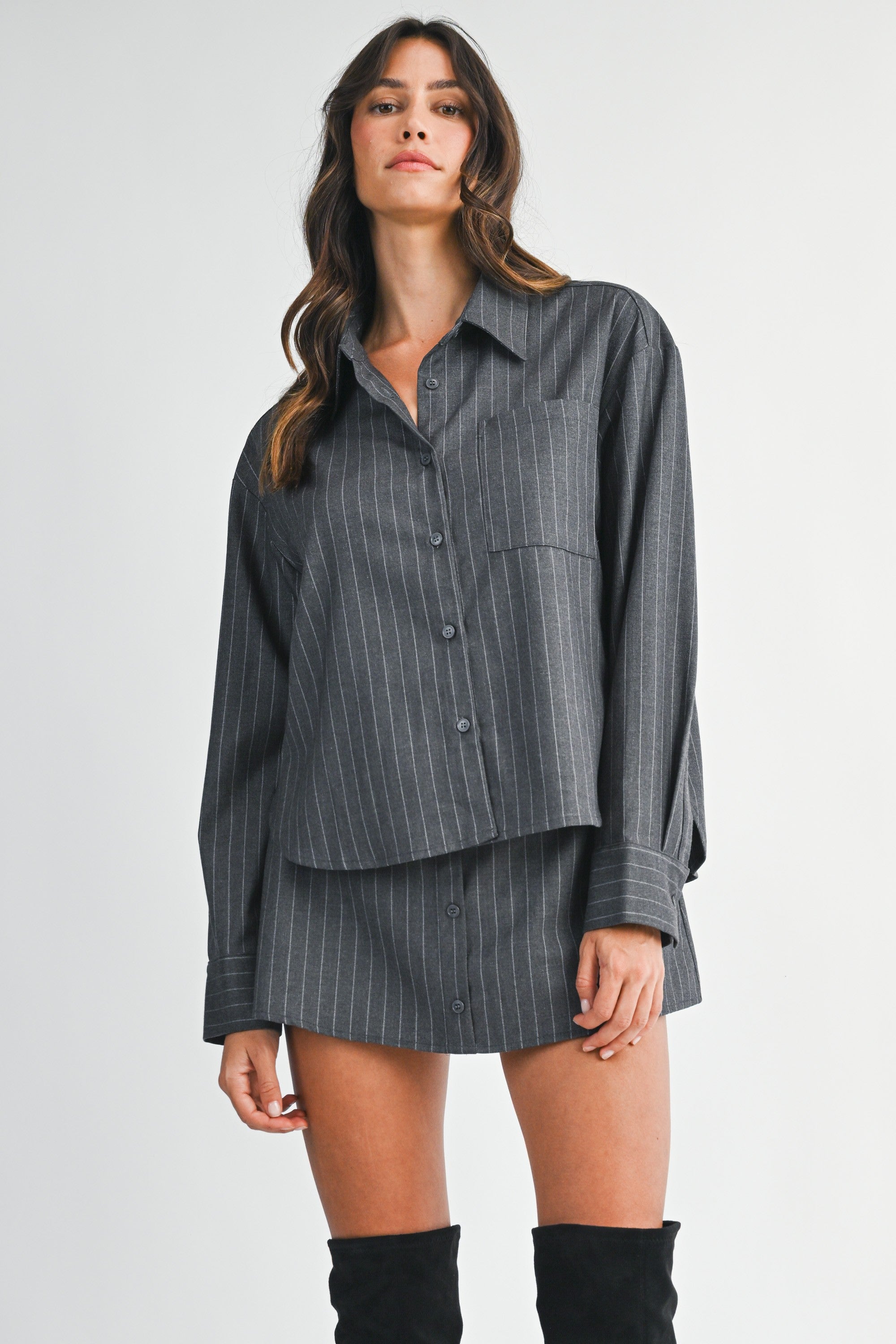 Pin Stripe Collar Button Up Shirt And Skirt Set
