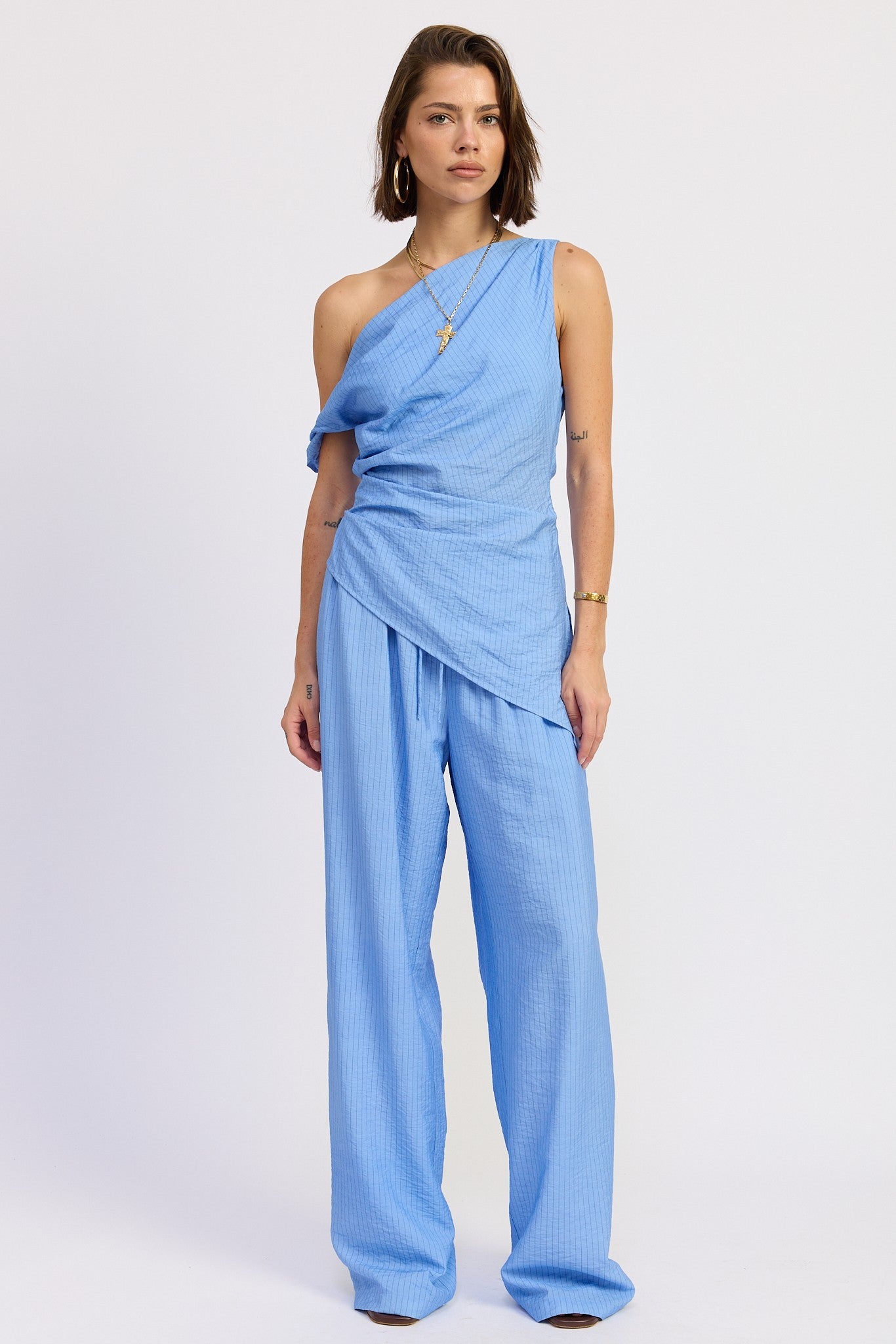 Blue Striped Loose Pants With Waist Drawstring